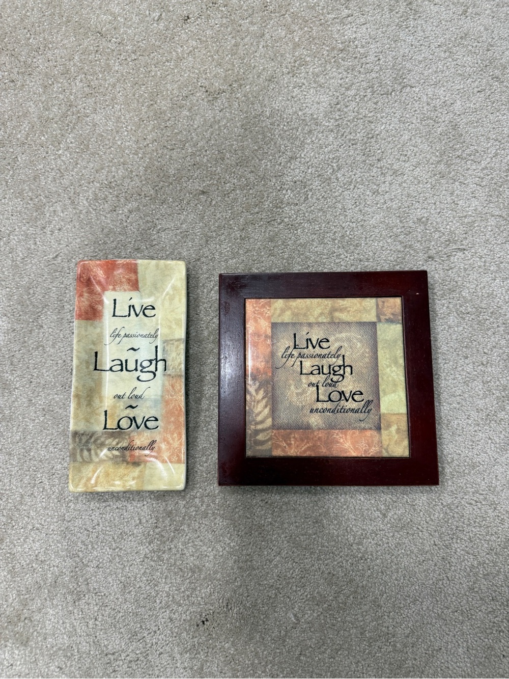 Live, Laugh, Love themed home kitchen decor: spoon rest and decorative plaque